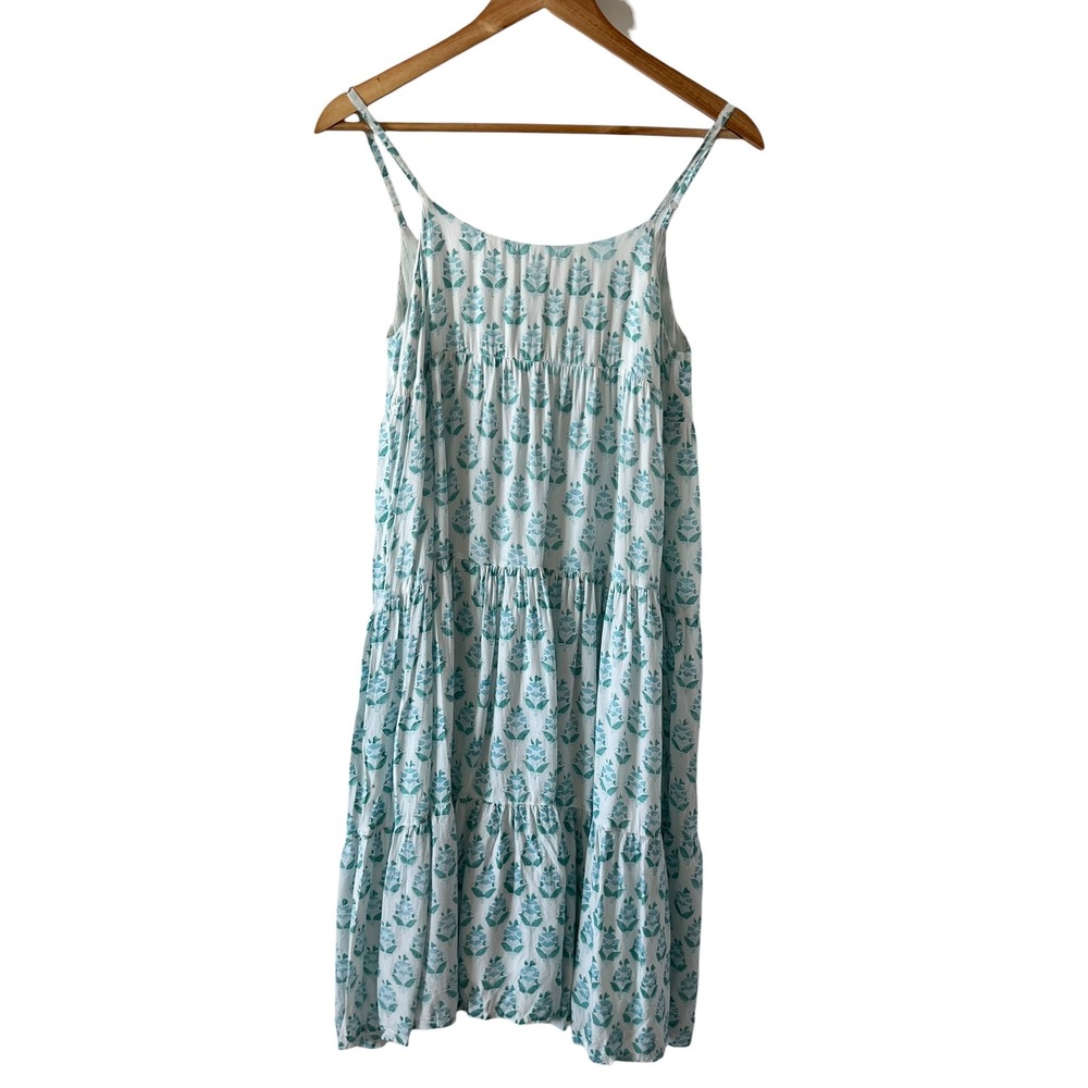 J.‎ Marie Blue Block Print Tiered A Line Midi Dress SZ XS Boho Flowy Beach